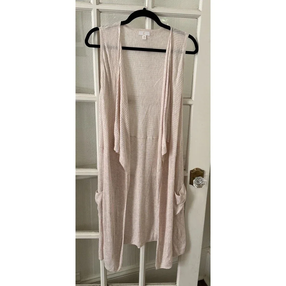 Sleeveless Long Cardigan Vest Duster Women’s Medium Beige Boho Cowboy Coastal